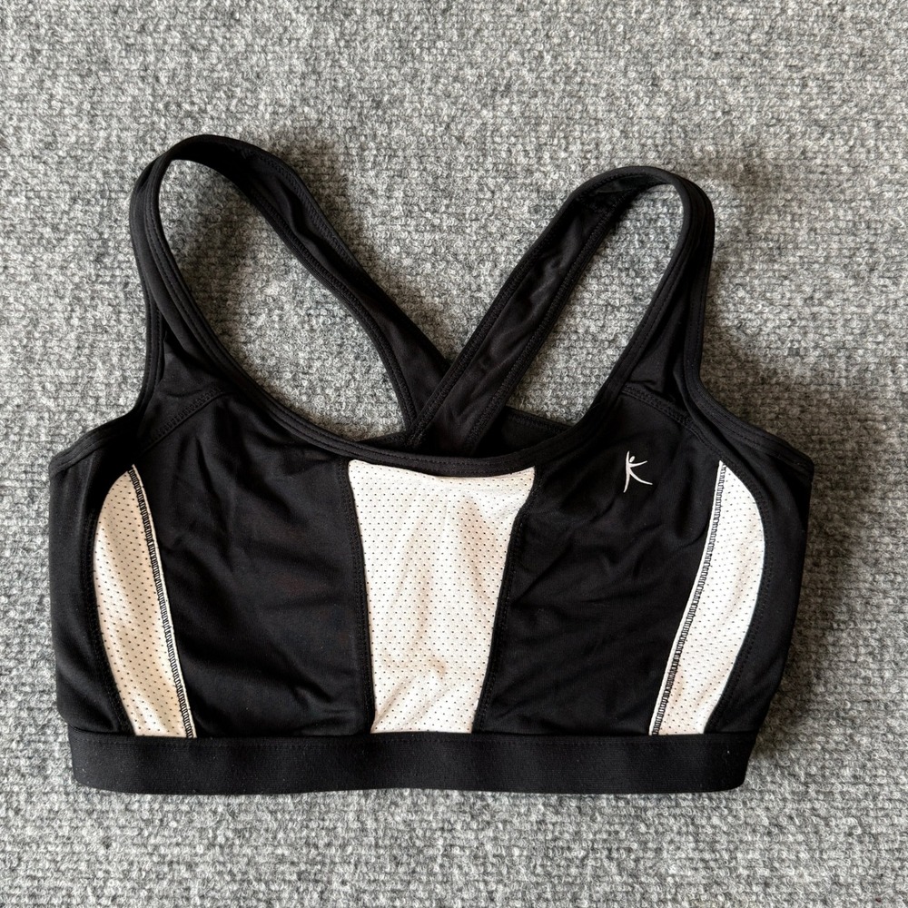Danskin Now Womens Black White Mesh Cross Back Sports Bra 36C Supplex Lycra